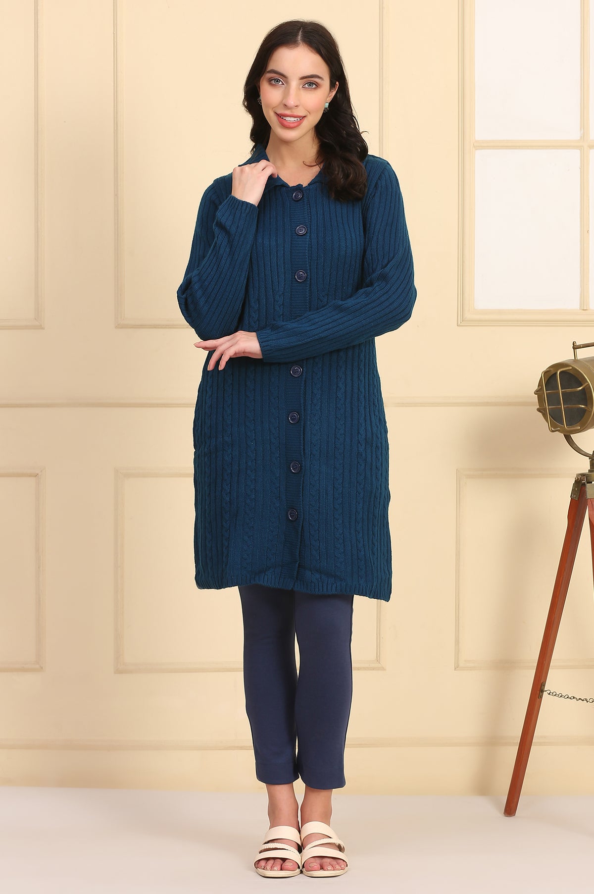 Blue Self Design Straight Winter Long Sweater - S