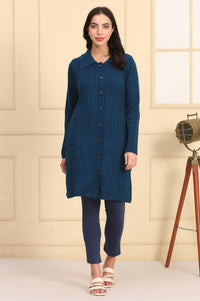 Blue Self Design Straight Winter Long Sweater