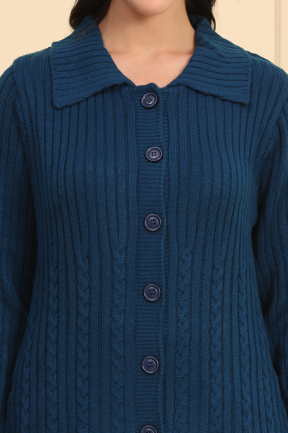 Blue Self Design Straight Winter Long Sweater