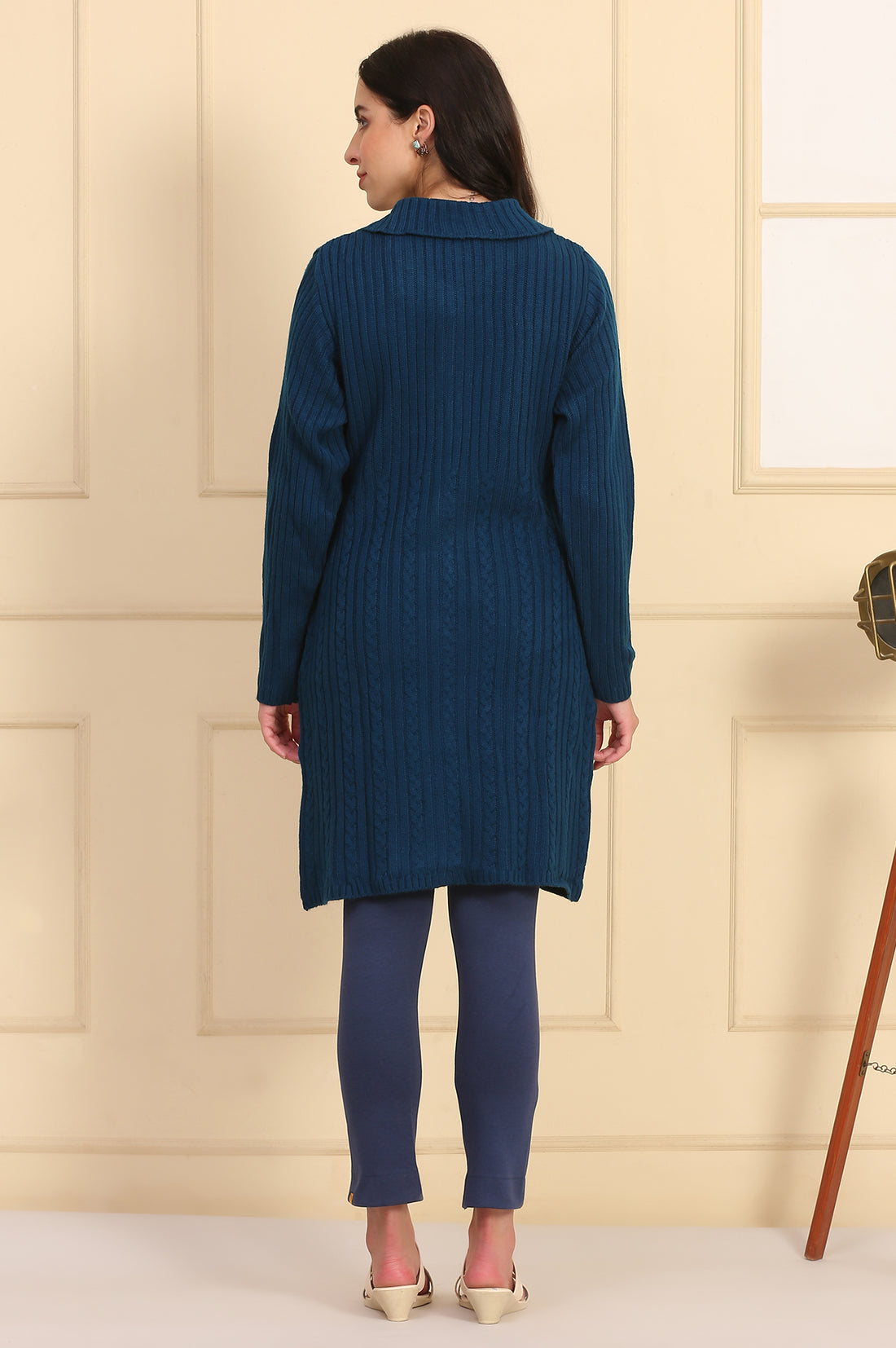 Blue Self Design Straight Winter Long Sweater