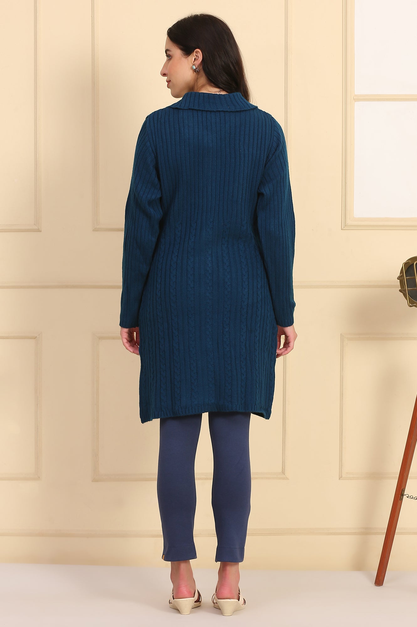 Blue Self Design Straight Winter Long Sweater