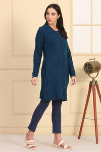 Blue Self Design Straight Winter Long Sweater