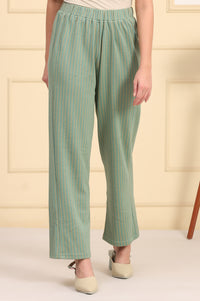 Green Solid Woven Mid Rise Winter Palazzo