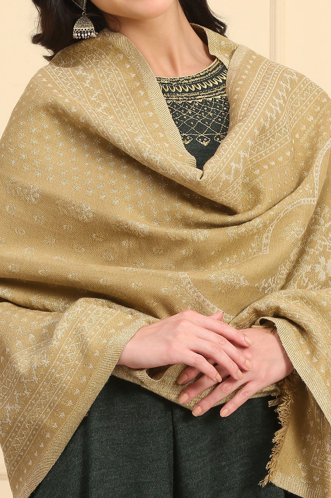 Gold Self Design Woven Acrylic Shawl