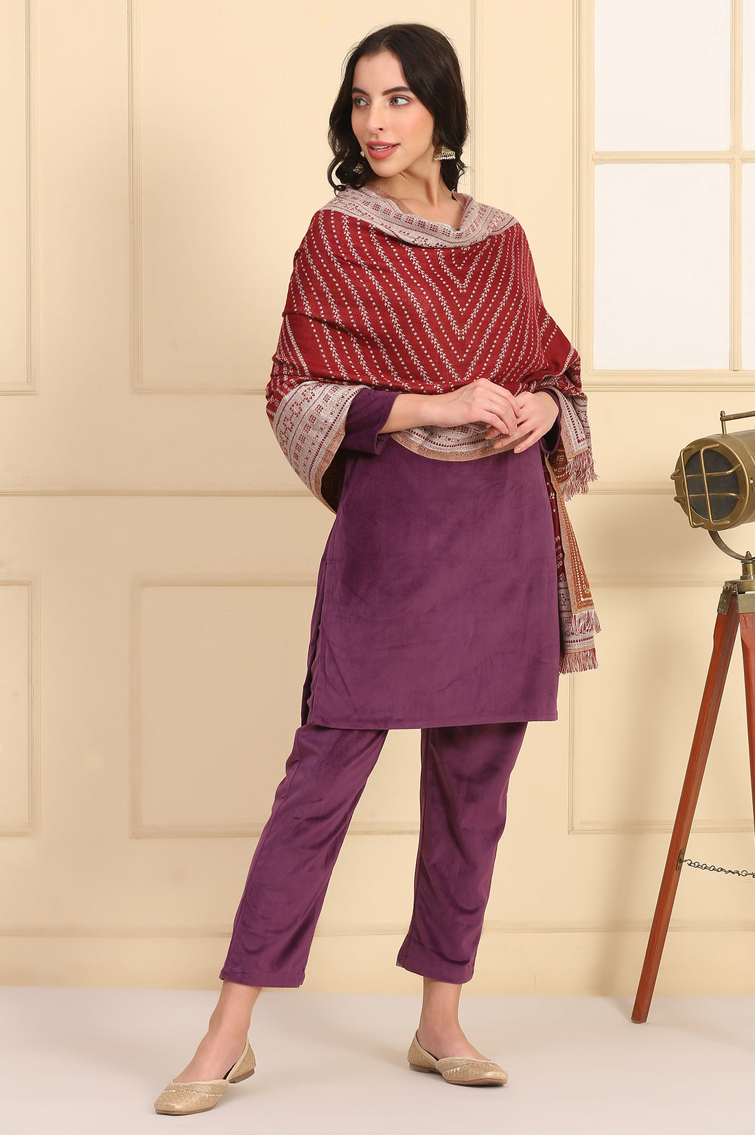 Red Self Design Woven Shawl