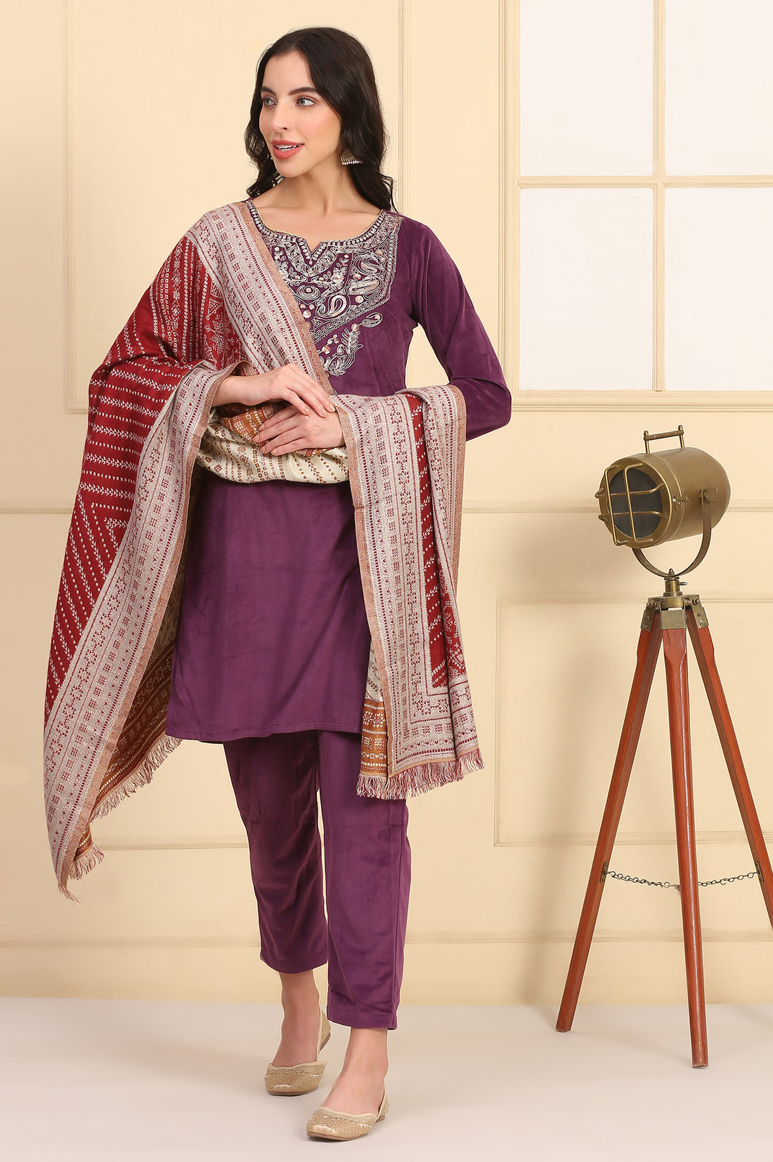 Red Self Design Woven Shawl