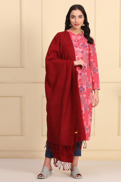Red Self Design Woven Acrylic Shawl