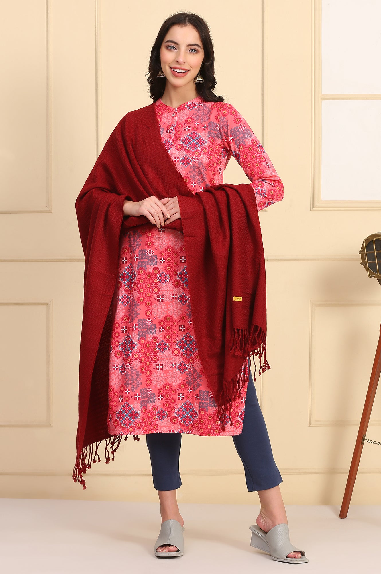Red Self Design Woven Acrylic Shawl