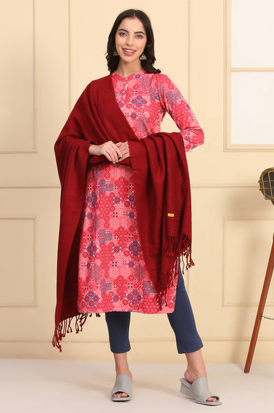 Red Self Design Woven Acrylic Shawl