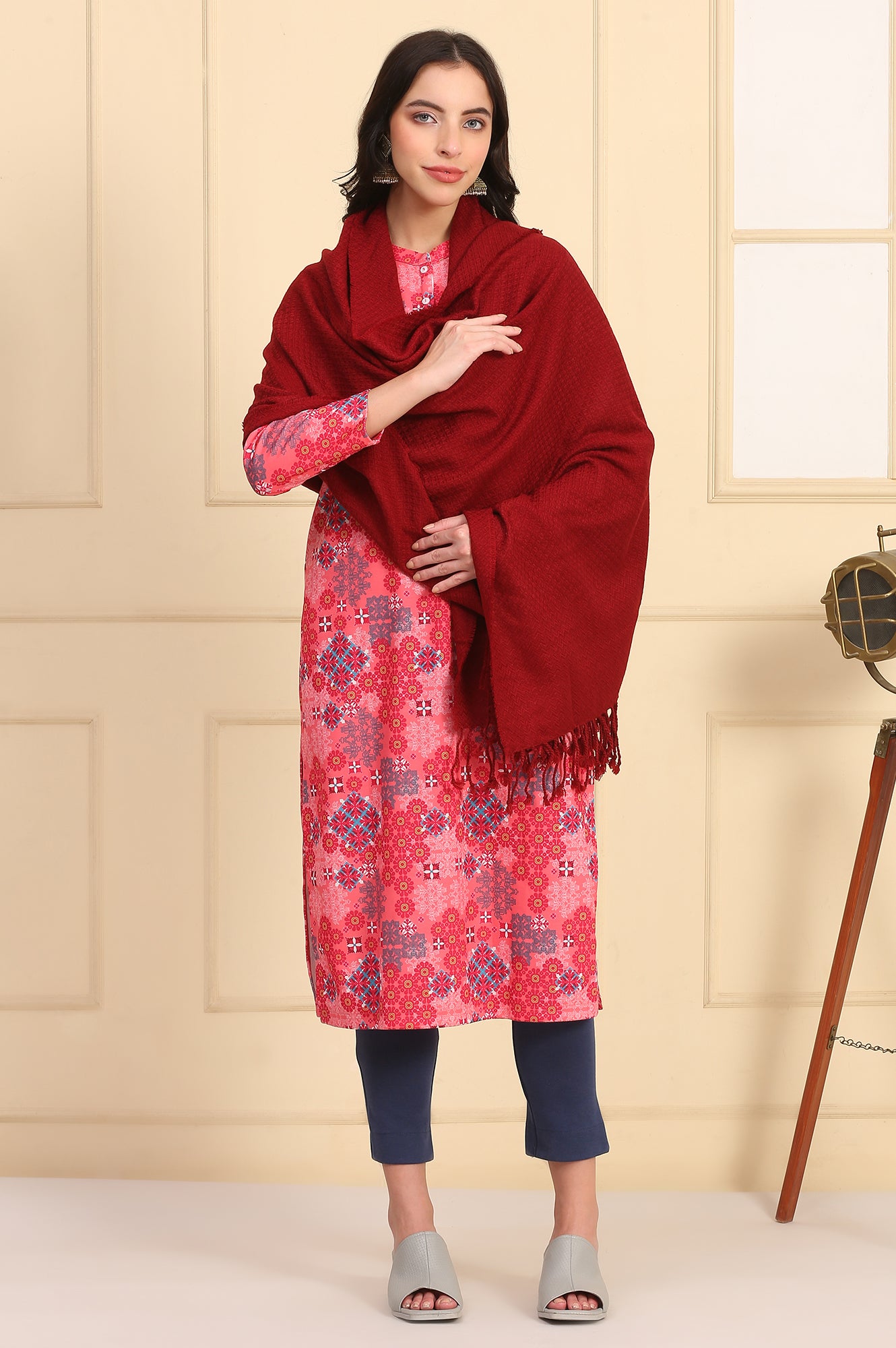 Red Self Design Woven Acrylic Shawl