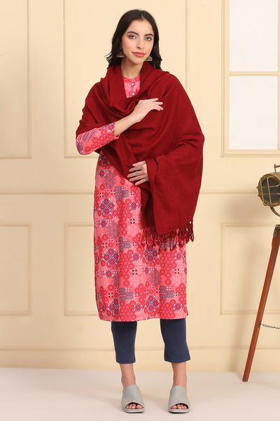 Red Self Design Woven Acrylic Shawl