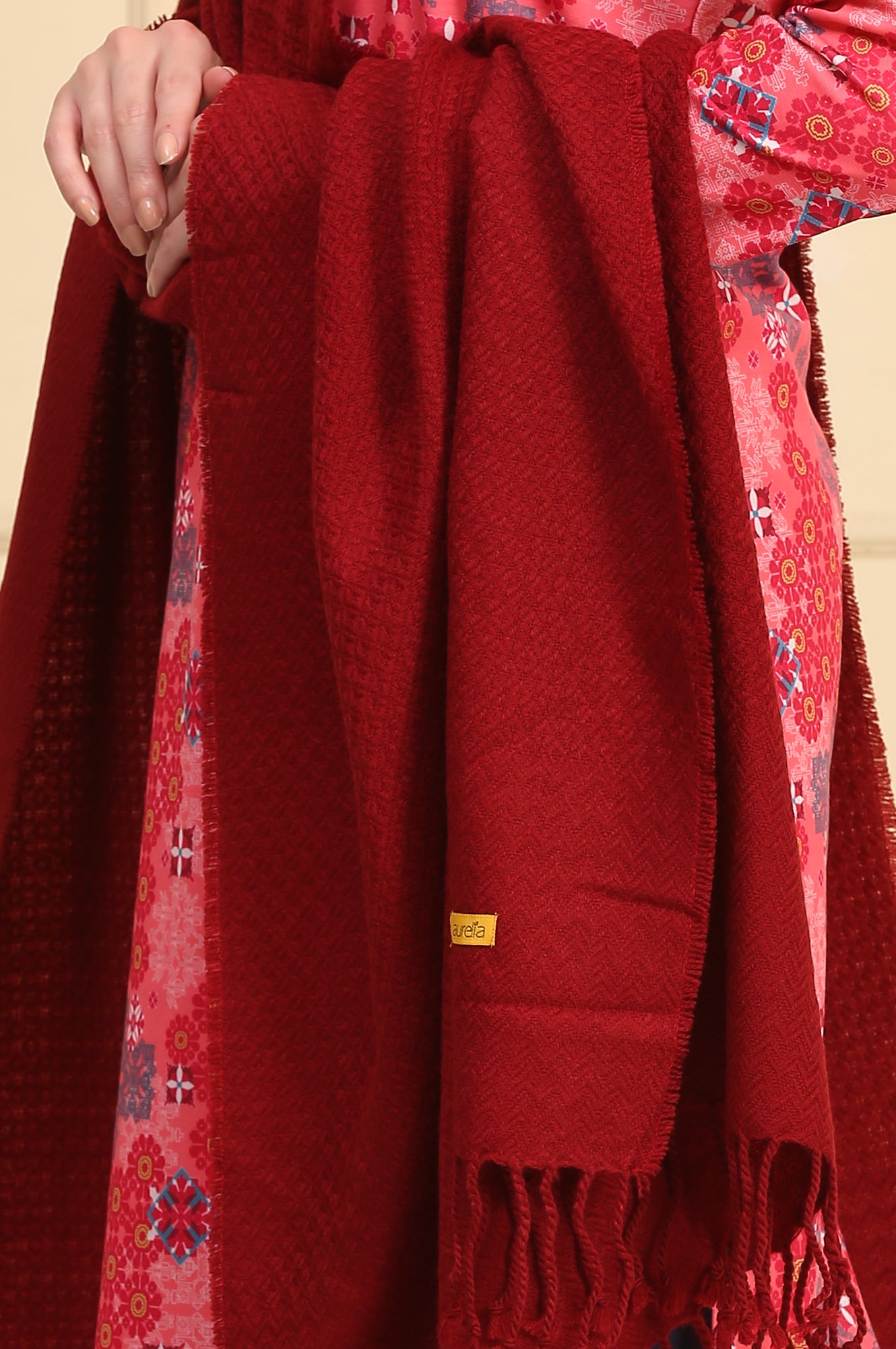 Red Self Design Woven Acrylic Shawl