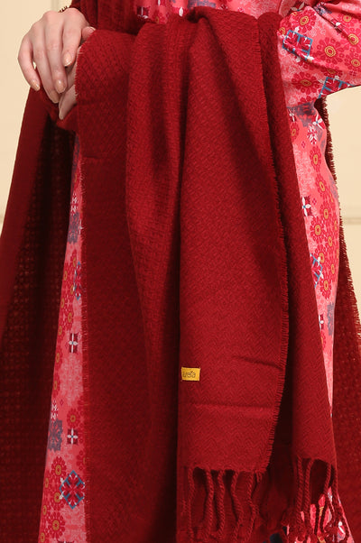 Red Self Design Woven Acrylic Shawl