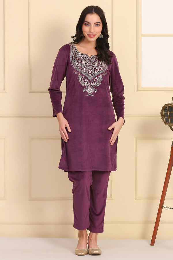 Purple Embroidered Yoke Straight Knitted Winter Kurta
