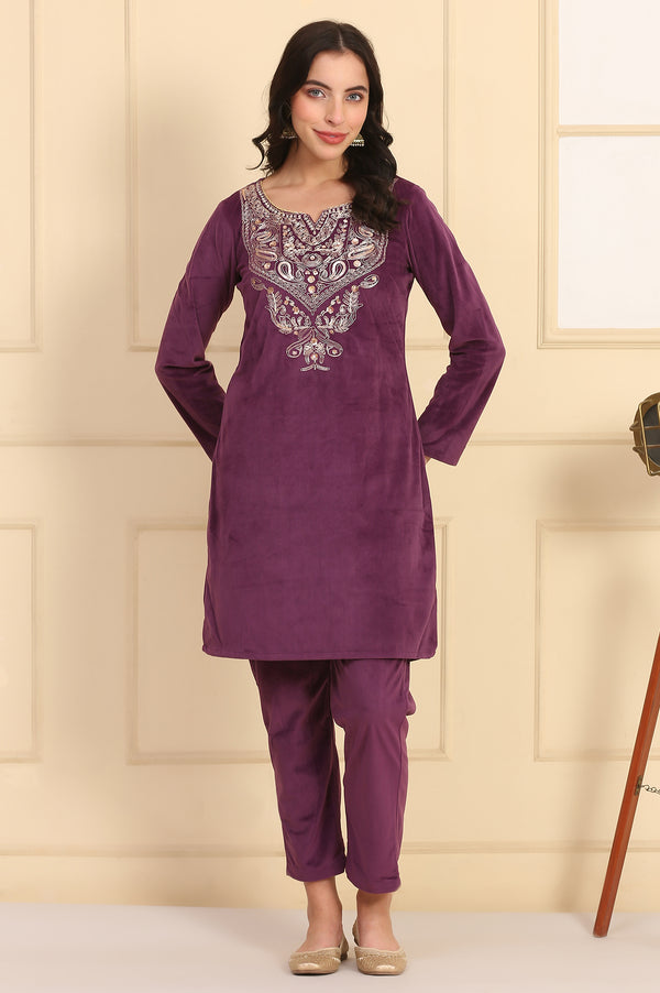 Purple Embroidered Yoke Straight Knitted Winter Kurta