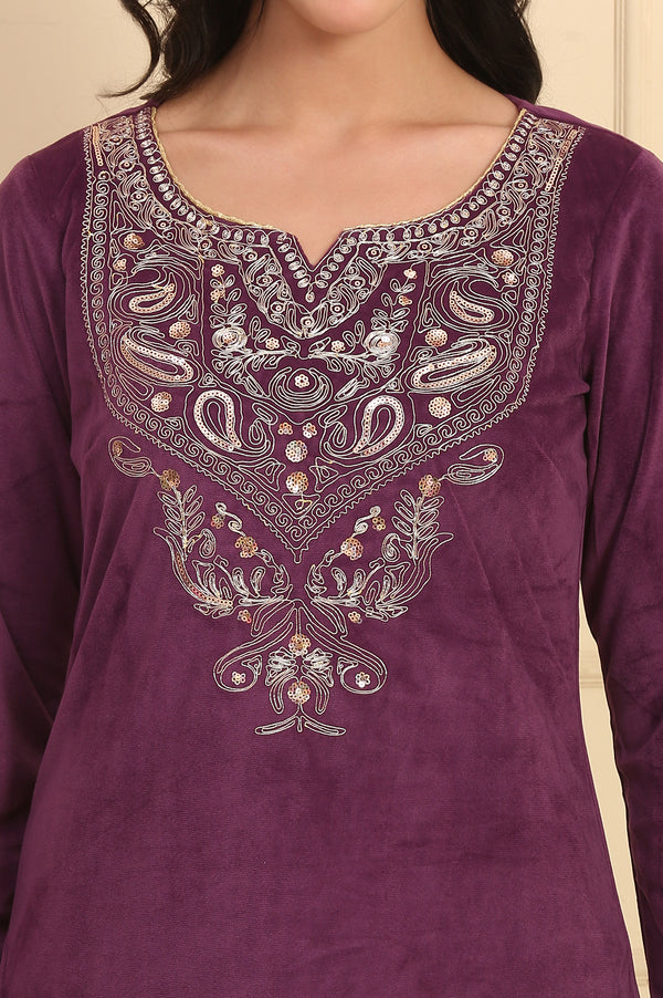 Purple Embroidered Yoke Straight Knitted Winter Kurta