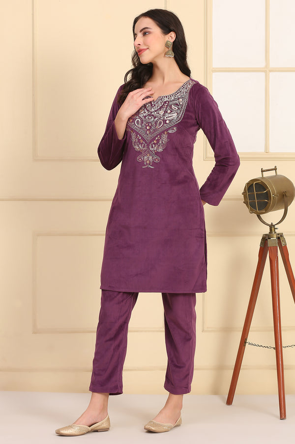 Purple Embroidered Yoke Straight Knitted Winter Kurta