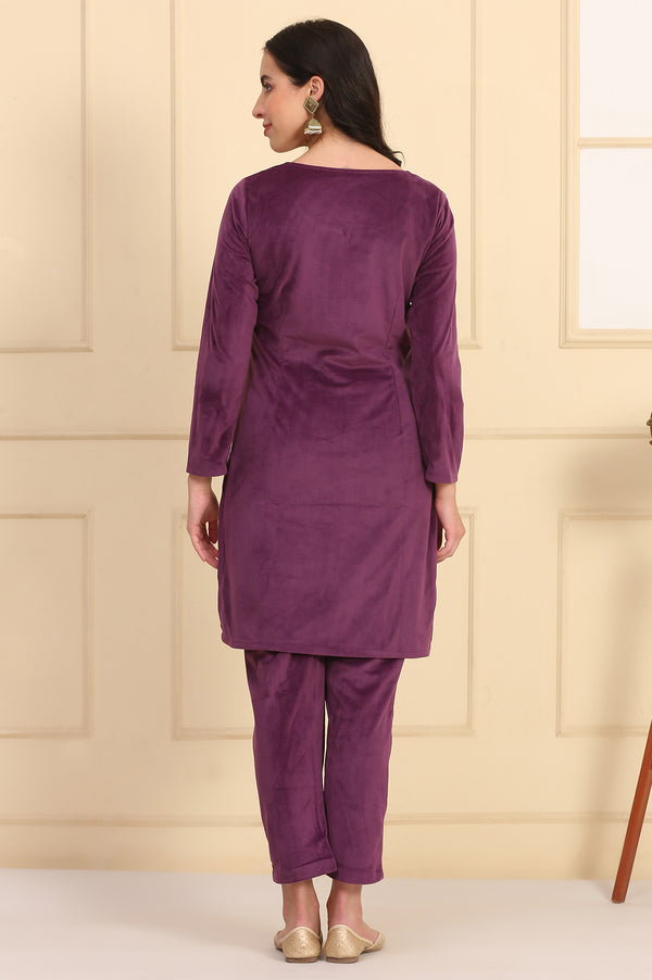 Purple Embroidered Yoke Straight Knitted Winter Kurta