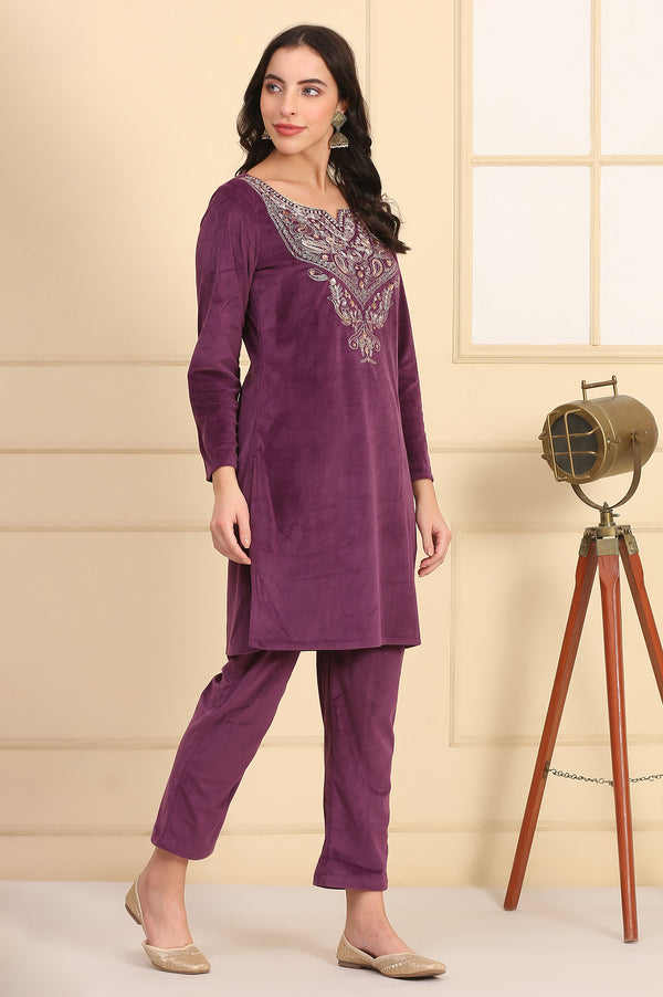Purple Embroidered Yoke Straight Knitted Winter Kurta