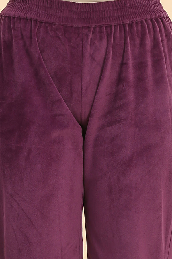 Purple Embroidered Yoke Straight Knitted Winter Kurta