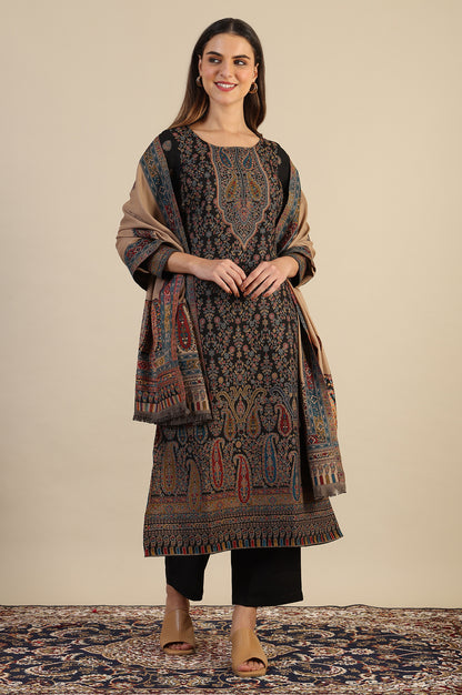 Black Yarn Dyed Straight Kurta &amp; Straight pant with Shawl Set