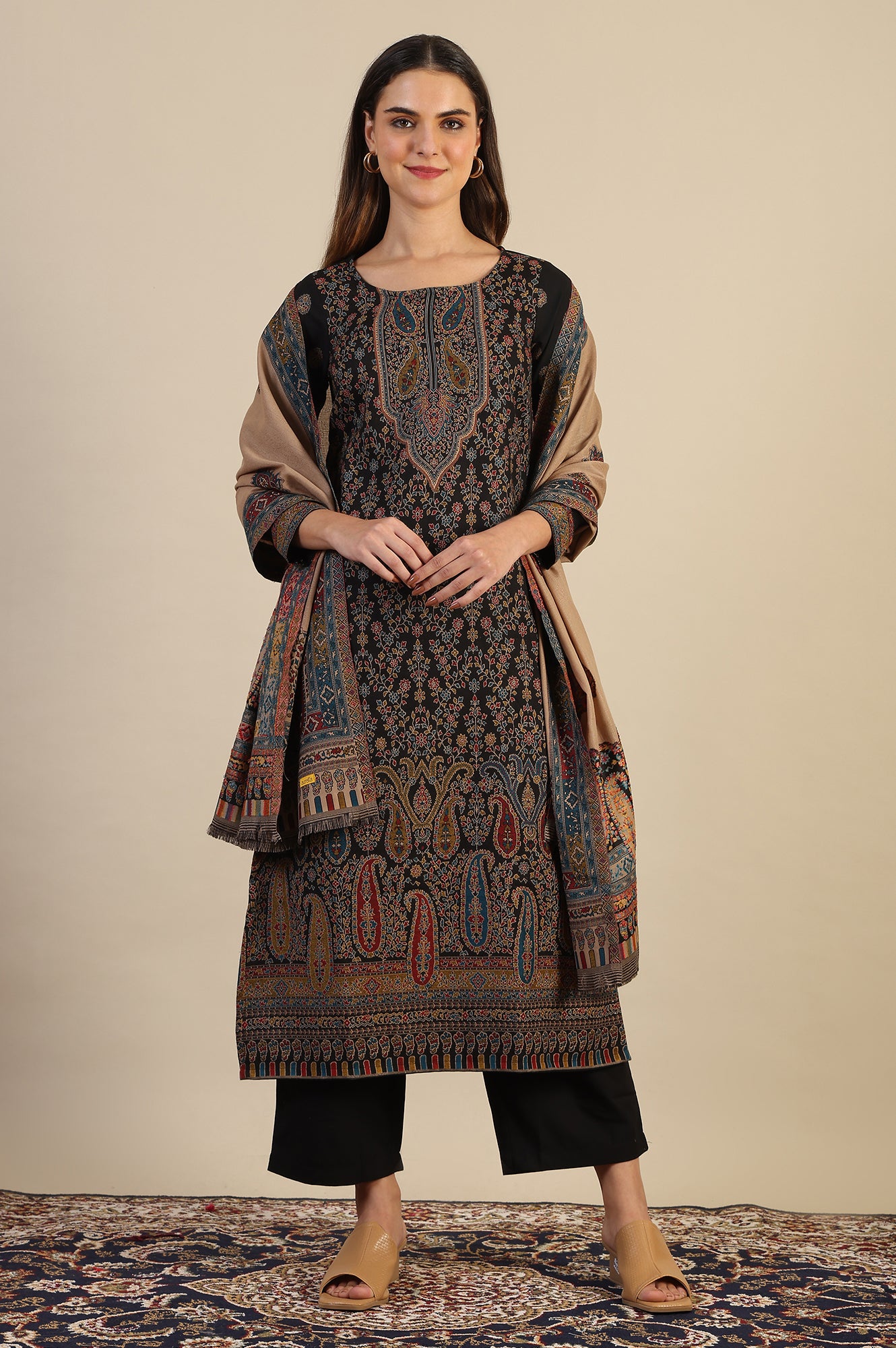 Black Yarn Dyed Straight Kurta &amp; Straight pant with Shawl Set