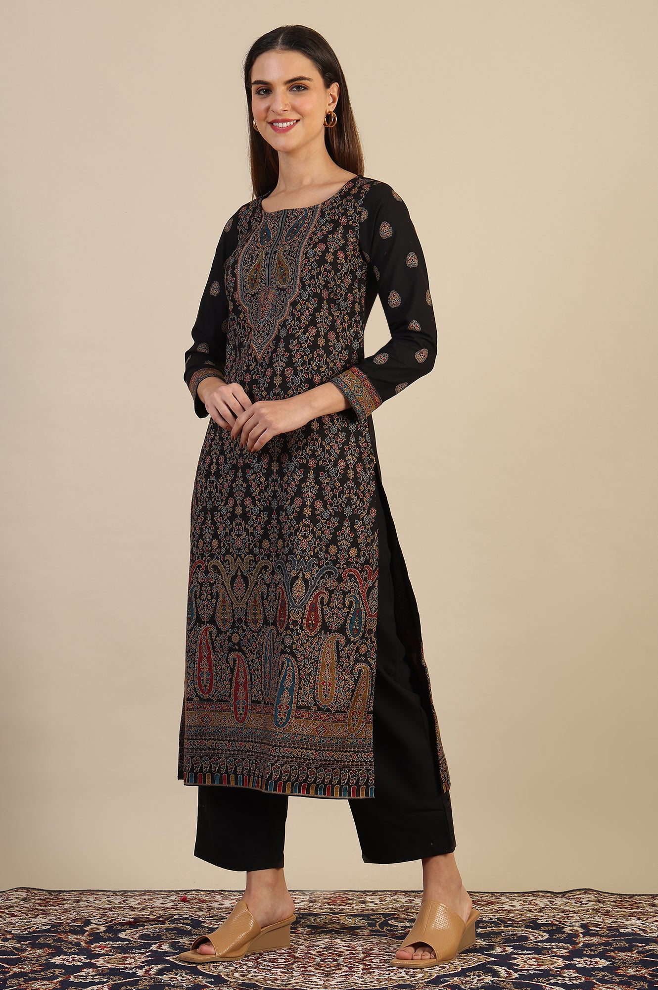 Black Yarn Dyed Straight Kurta &amp; Straight pant with Shawl Set