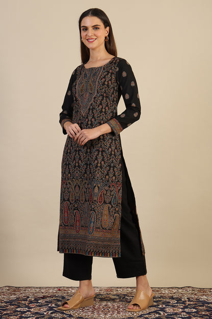 Black Yarn Dyed Straight Kurta &amp; Straight pant with Shawl Set