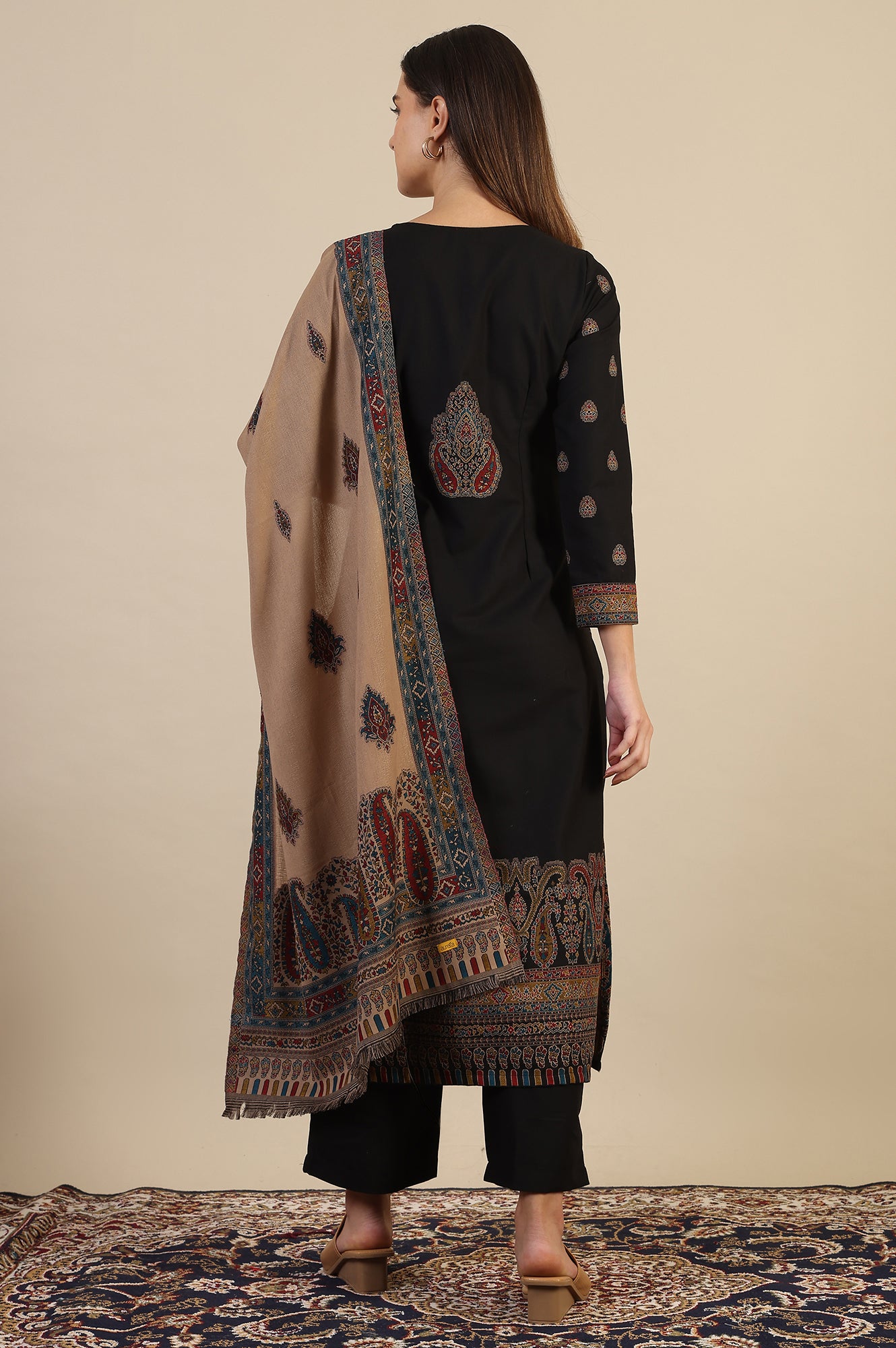 Black Yarn Dyed Straight Kurta &amp; Straight pant with Shawl Set