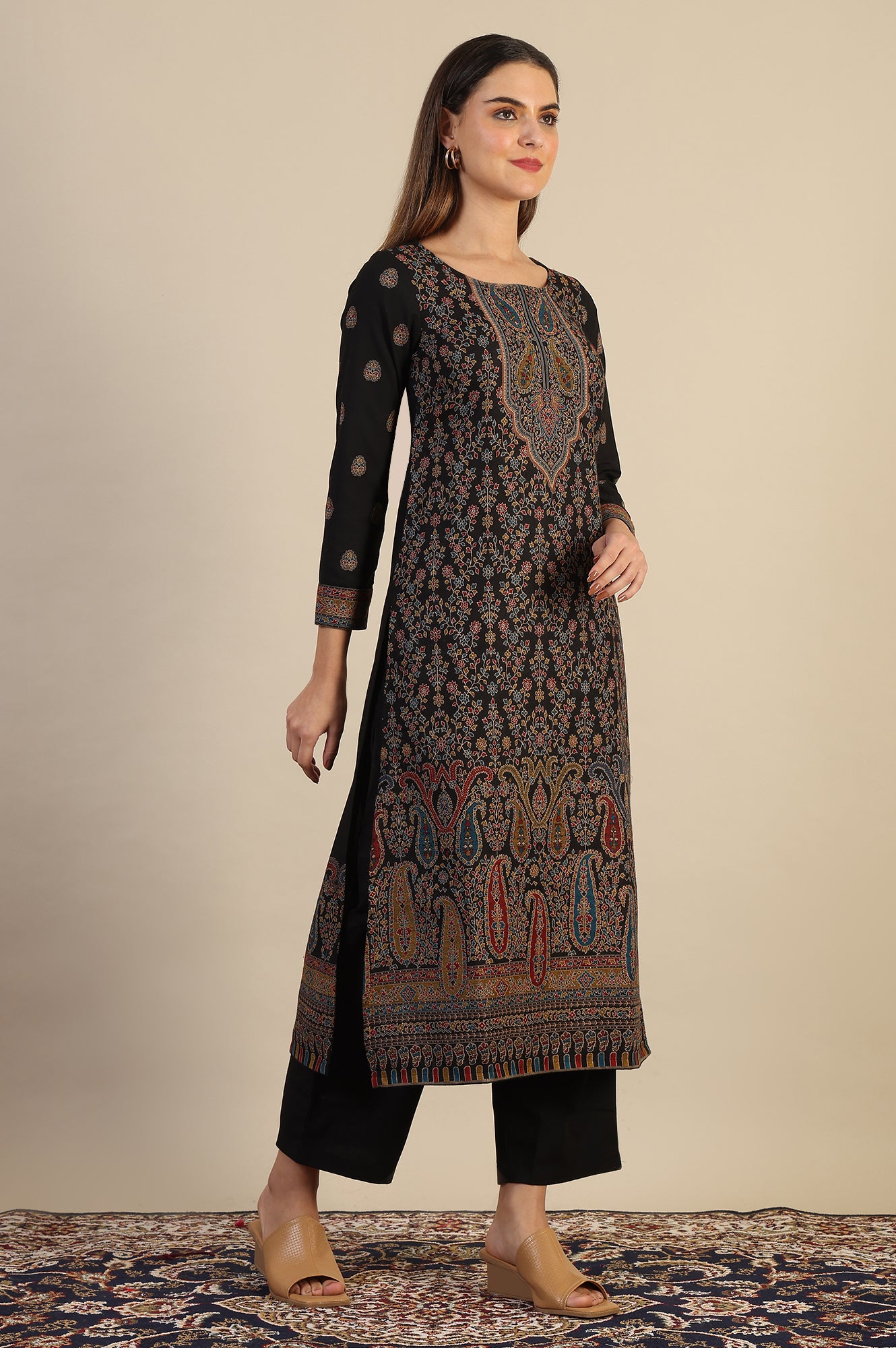 Black Yarn Dyed Straight Kurta &amp; Straight pant with Shawl Set