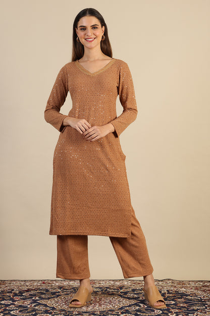 Brown Yarn Dyed Sequins Straight Kurta &amp; Pant Set