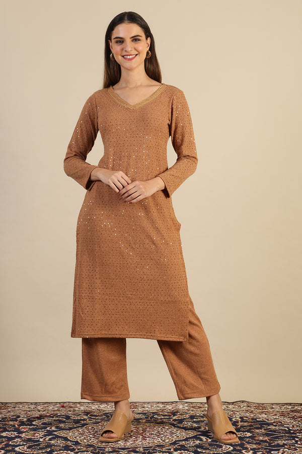 Brown Yarn Dyed Sequins Straight Kurta & Pant Set