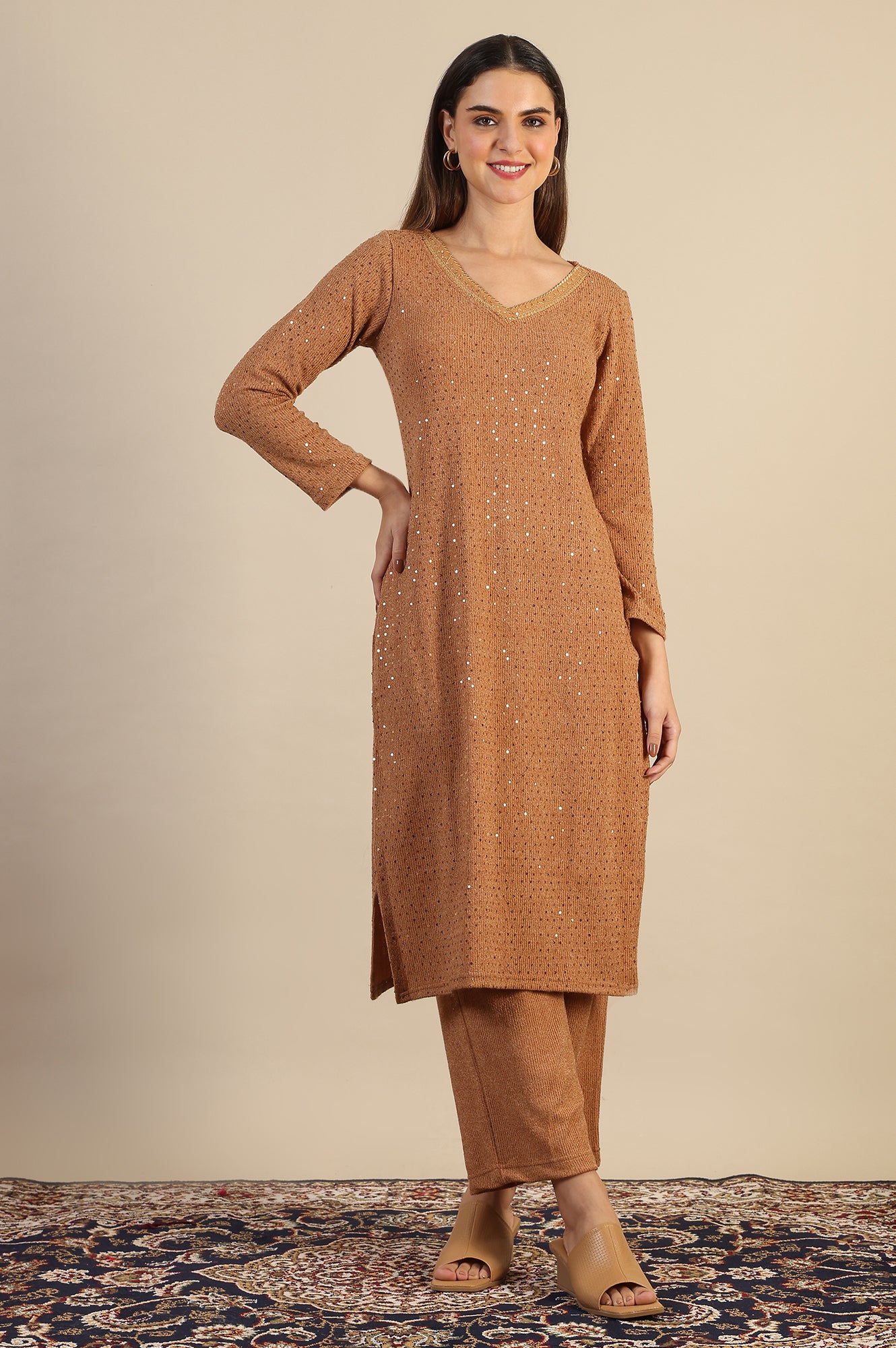 Brown Yarn Dyed Sequins Straight Kurta &amp; Pant Set