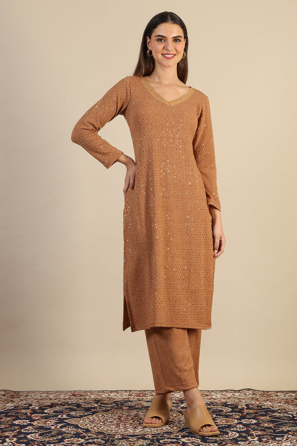 Brown Yarn Dyed Sequins Straight Kurta & Pant Set