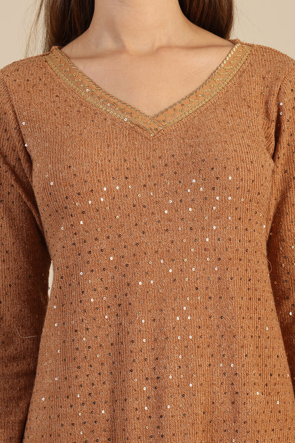 Brown Yarn Dyed Sequins Straight Kurta & Pant Set