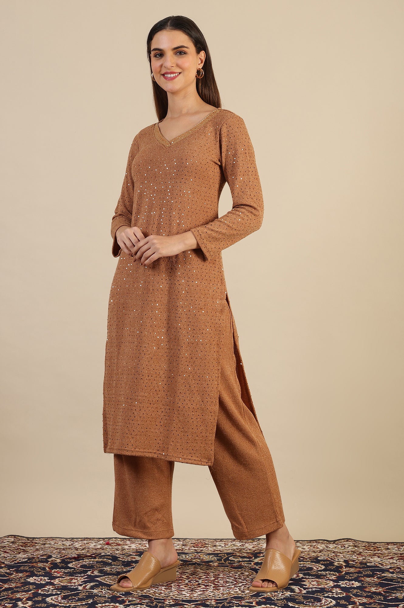 Brown Yarn Dyed Sequins Straight Kurta &amp; Pant Set