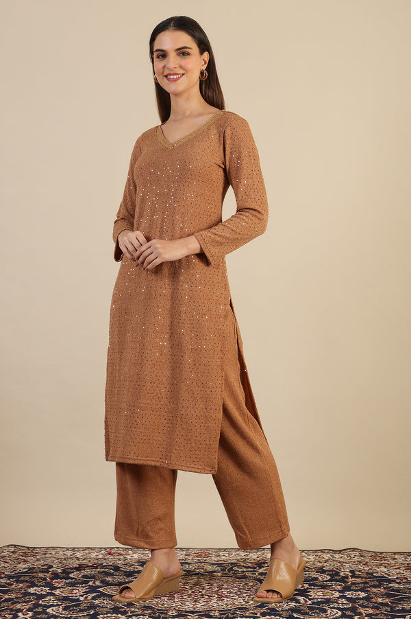 Brown Yarn Dyed Sequins Straight Kurta & Pant Set