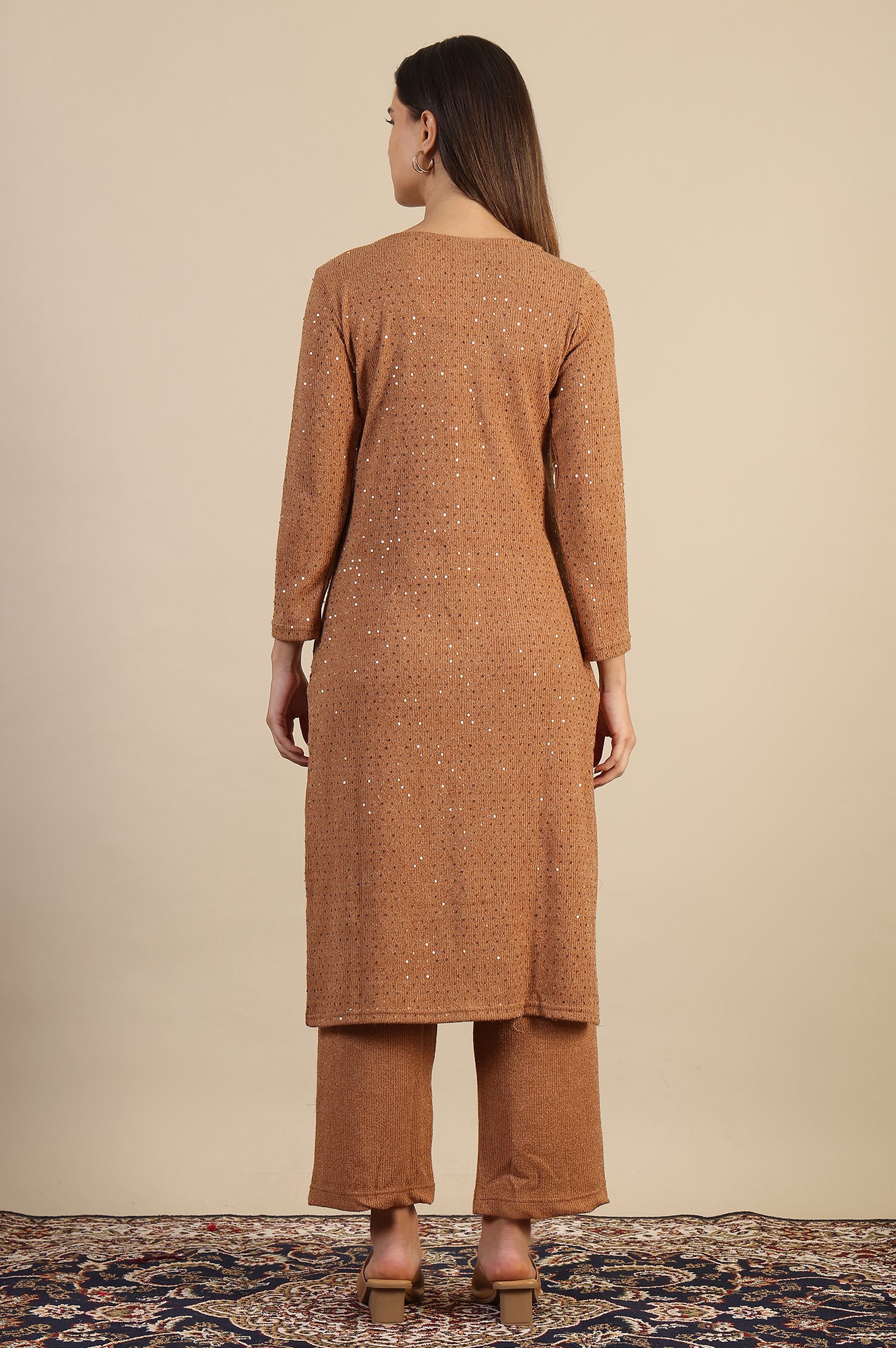 Brown Yarn Dyed Sequins Straight Kurta &amp; Pant Set