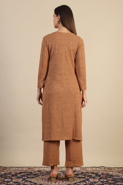 Brown Yarn Dyed Sequins Straight Kurta & Pant Set