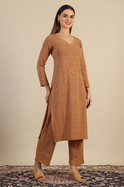 Brown Yarn Dyed Sequins Straight Kurta &amp; Pant Set