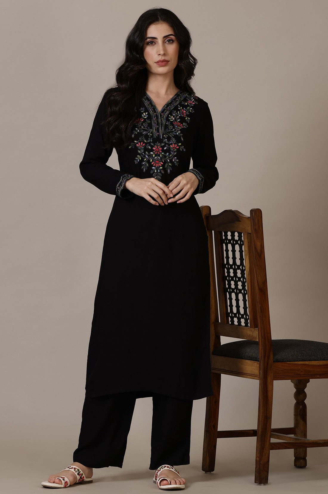 Black Thread Embroidered Straight Winter Kurta with Palazzo Set