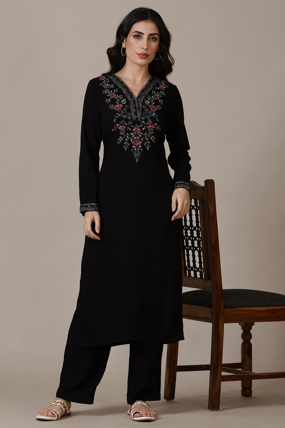 Black Thread Embroidered Straight Winter Kurta with Palazzo Set