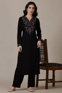 Black Thread Embroidered Straight Winter Kurta with Palazzo Set