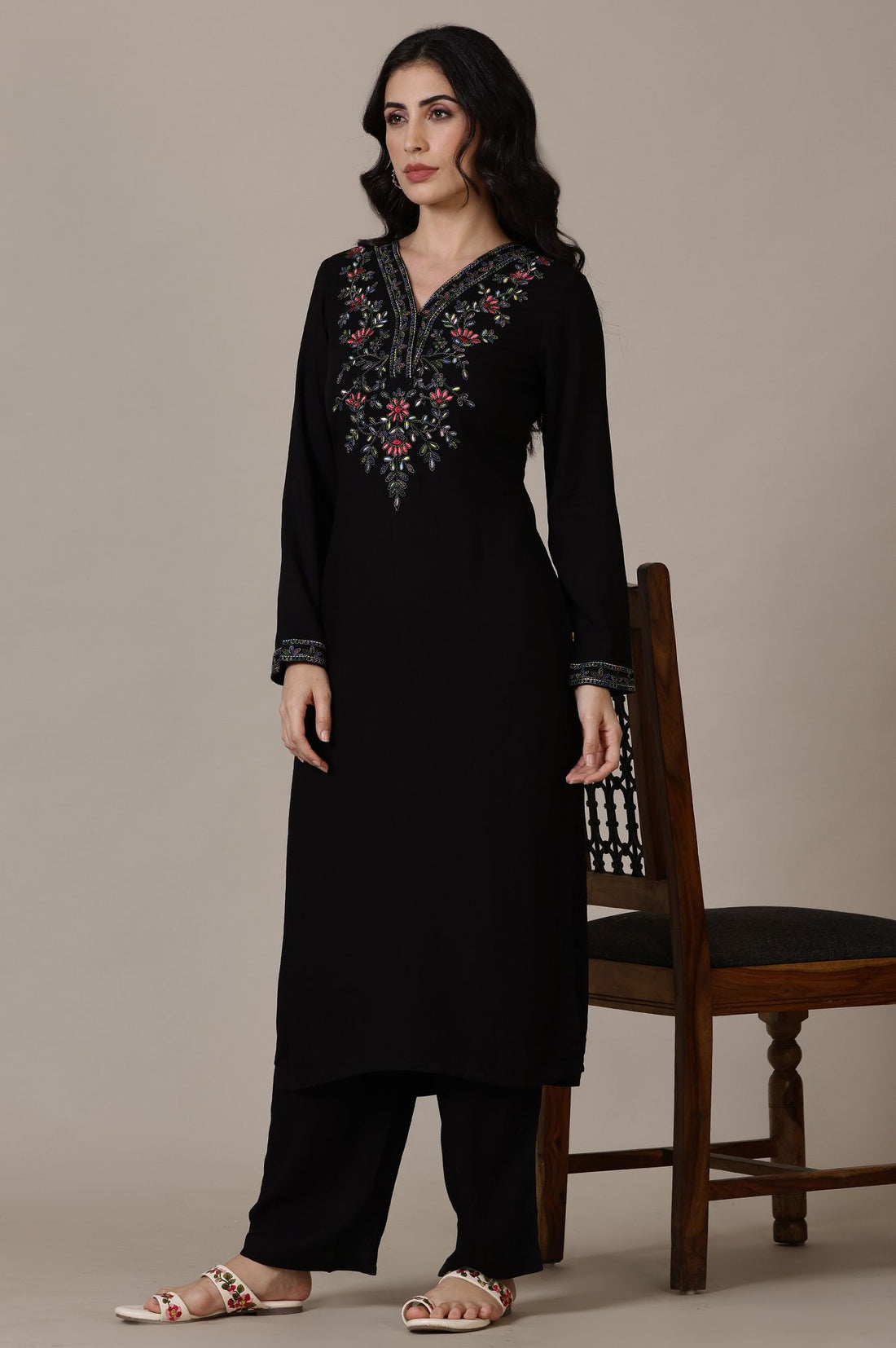Black Thread Embroidered Straight Winter Kurta with Palazzo Set