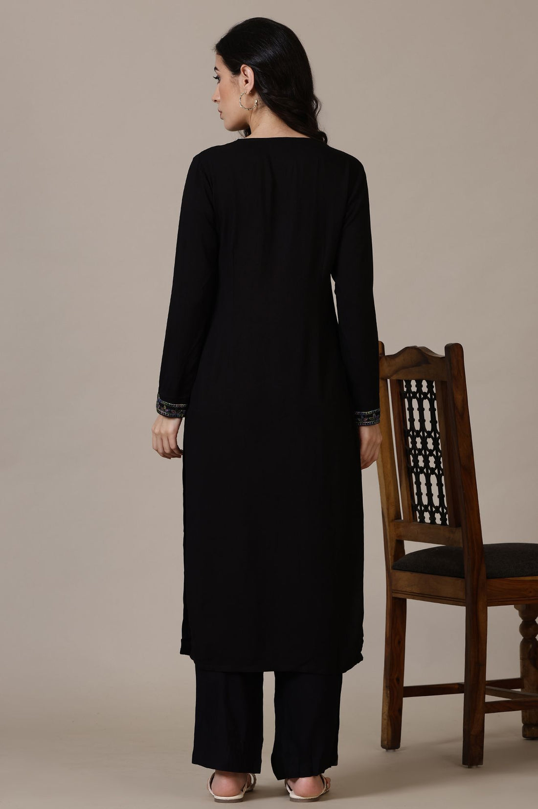 Black Thread Embroidered Straight Winter Kurta with Palazzo Set