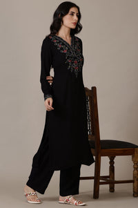 Black Thread Embroidered Straight Winter Kurta with Palazzo Set