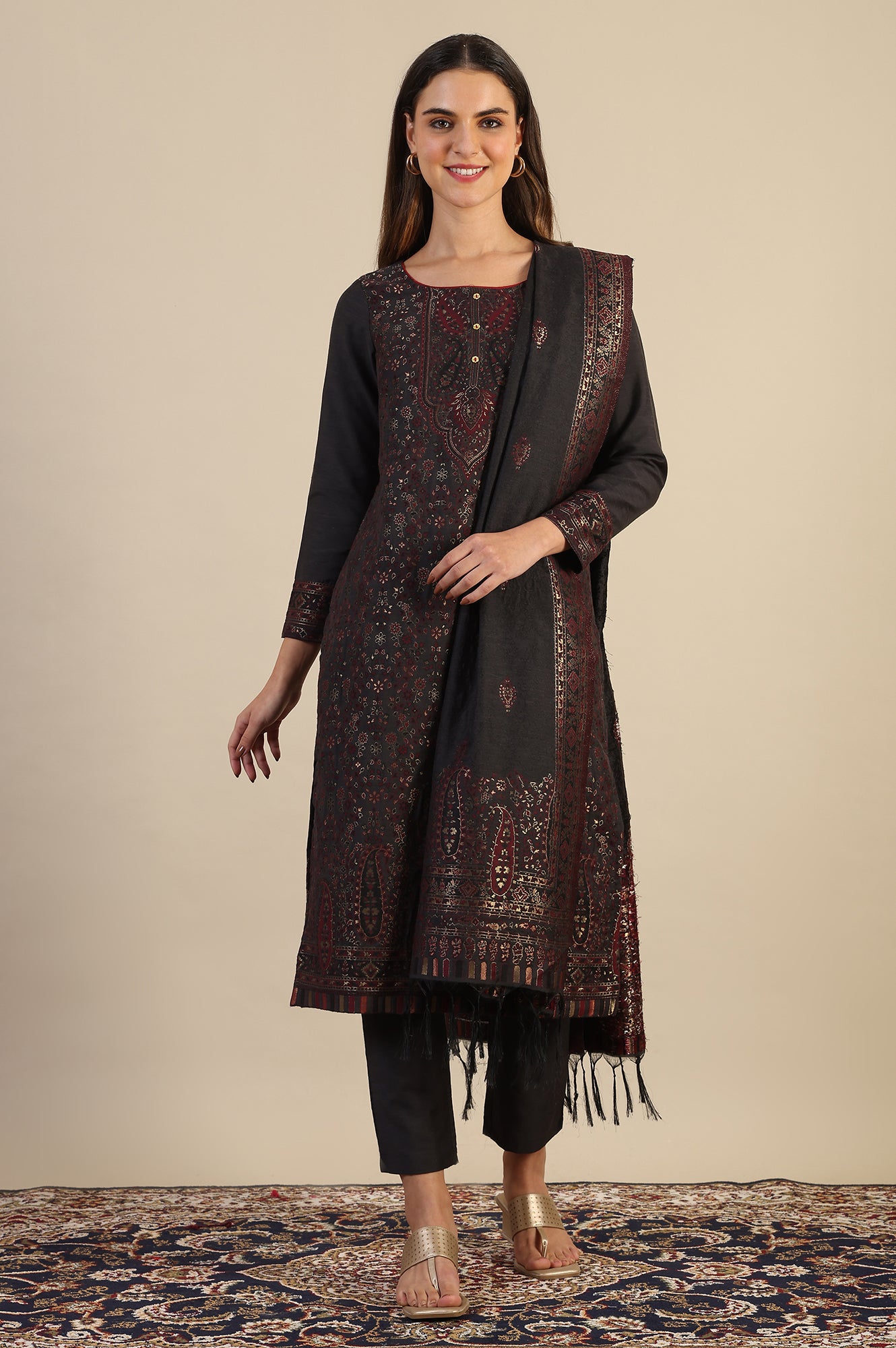 Grey Yarn Dyed Straight Kurta &amp; Straight pant with Shawl Set