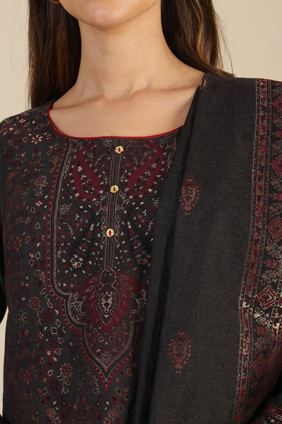 Grey Yarn Dyed Straight Kurta & Straight pant with Shawl Set