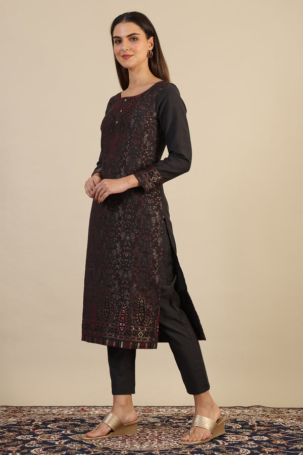 Grey Yarn Dyed Straight Kurta & Straight pant with Shawl Set