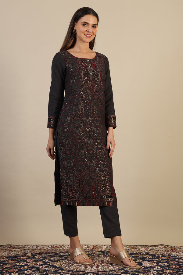 Grey Yarn Dyed Straight Kurta & Straight pant with Shawl Set